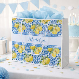 Bolsa De Regalo Grande Azulejo Blanco Azul Nombre Patrón Limón Mediterrán
