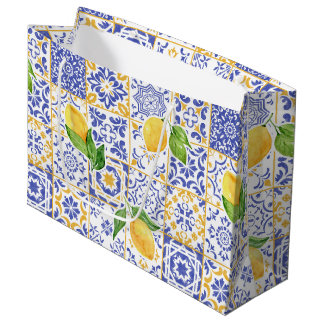 Bolsa De Regalo Grande Azulejo de Acuarela Mediterráneo Patrón de Limón