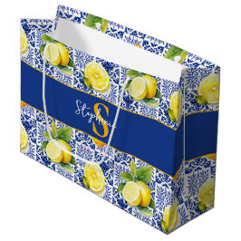 Bolsa De Regalo Grande Azulejo Limón Azul Blanco Patrón Monograma Nombre 