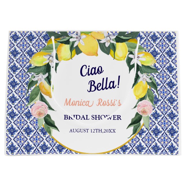 Bolsa De Regalo Grande Azulejos italianos azules Lemons Ducha de novia Ci (Anverso)