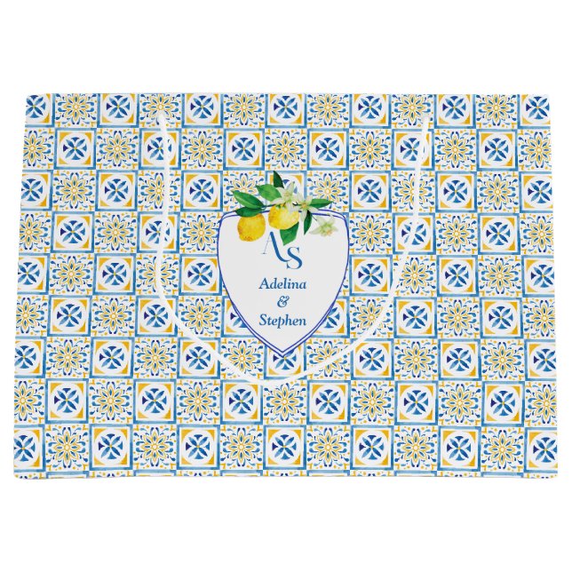 Bolsa De Regalo Grande Azulejos mediterráneos azules Italia Escudo Boda d (Anverso)