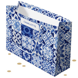 Bolsa De Regalo Grande Azulejos mediterráneos azules y blancos personaliz