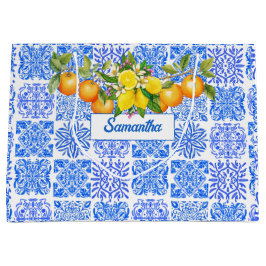 Bolsa De Regalo Grande Azulejos mediterráneos de cítricos amarillo azul s