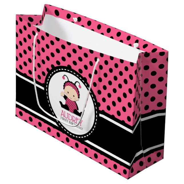 Bolsa De Regalo Grande Baby Pink Ladybug Primer cumpleaños Baby Shower (Angulo Anverso)