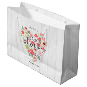 Bolsa De Regalo Grande Baby Shower Chica de Corazón Floral de Madera Blan