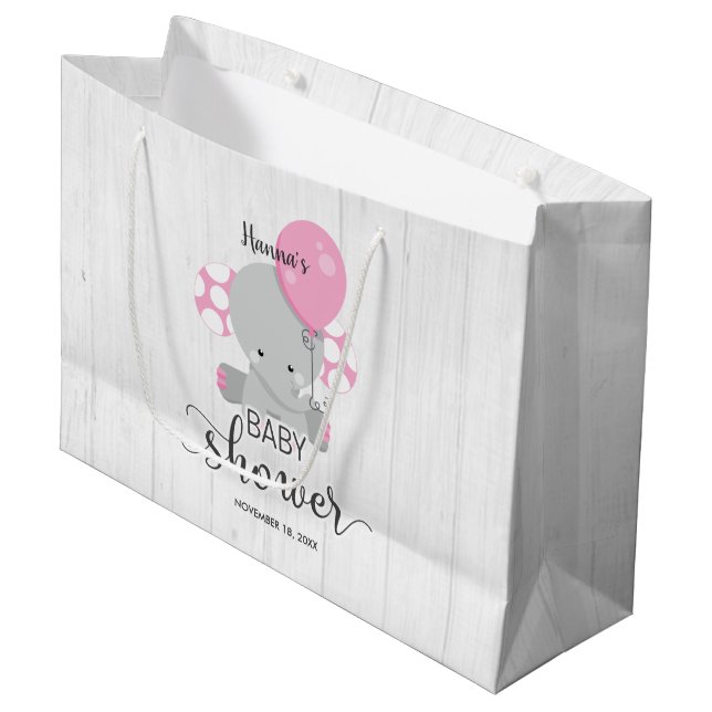 Bolsa De Regalo Grande Baby Shower, Chica de Elefantes de Madera y Rosa (Angulo Anverso)