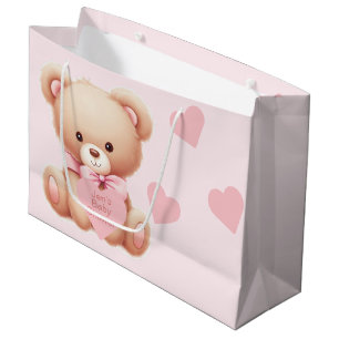 Bolsa De Regalo Grande Baby Shower de corazones rosados de oso