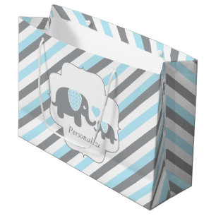 Bolsa De Regalo Grande Baby Shower de elefantes de tiras blancas, azules 
