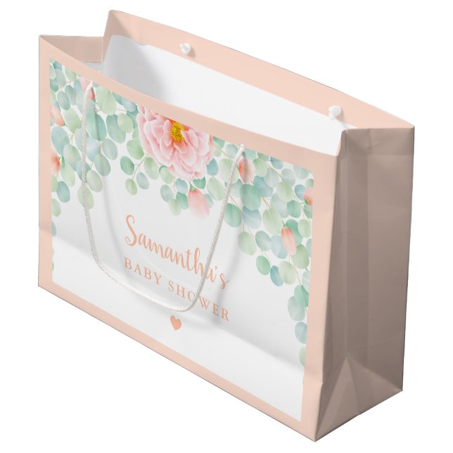 Bolsa De Regalo Grande Baby Shower Eucalyptus Foliage Floral Peach Sage (Angulo Anverso)