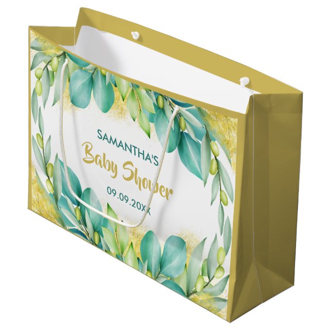 Bolsa De Regalo Grande Baby Shower Greenery Eucalyptus Olive Branches (Angulo Anverso)