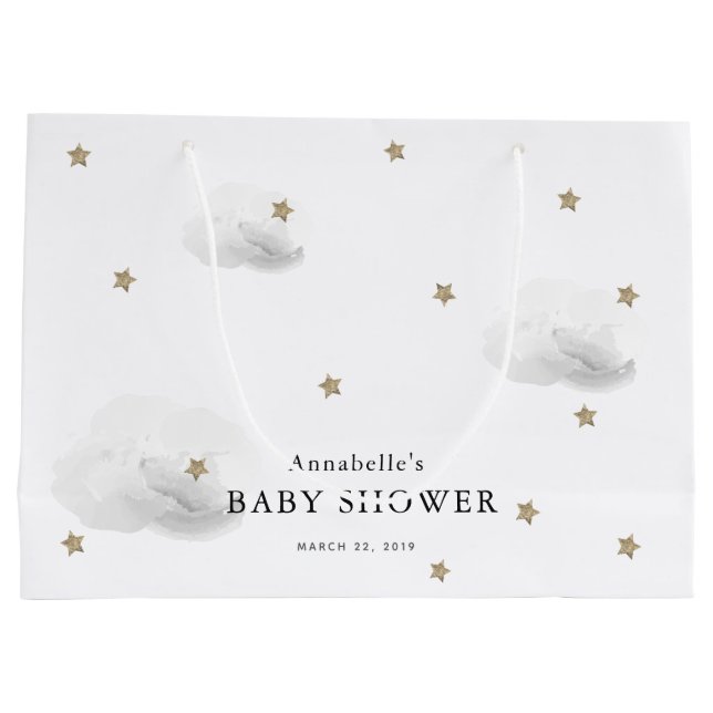 Bolsa De Regalo Grande Baby Shower Twinkle Gold Stars & Gray Clouds (Reverso)