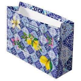 Bolsa De Regalo Grande Baldosas de cerámica de cítricos mediterráneos azu