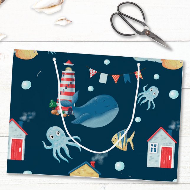 Bolsa De Regalo Grande Ballena azul marina (Whimsical Nautical Gift Bag)