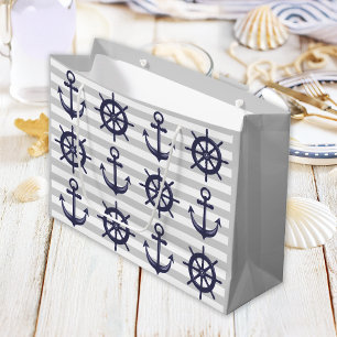 Bolsa De Regalo Grande Banca Náutica Azul Anchor Rueda Gris Stripe