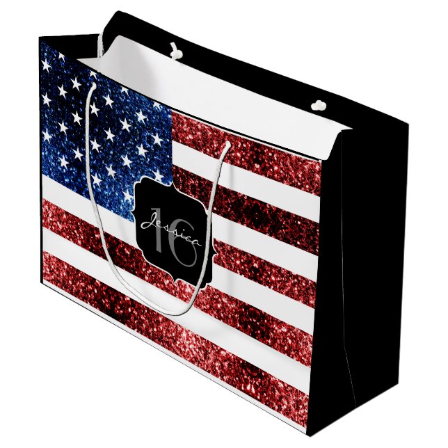 Bolsa De Regalo Grande Bandera de Estados Unidos azul brillante purpurina (Angulo Anverso)