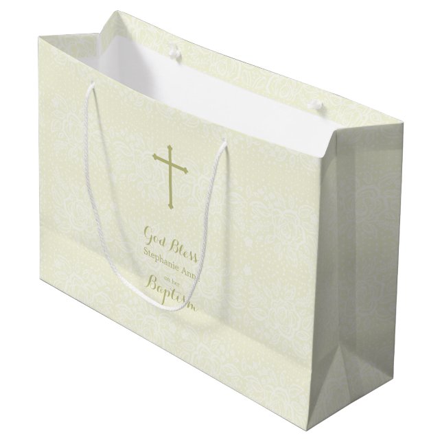 Bolsa De Regalo Grande Baptismo Sage Delicado Lazo Floral (Angulo Anverso)