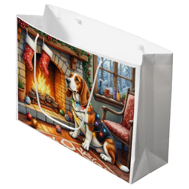 Bolsa De Regalo Grande Basset Hound Fireplace with Christmas Lights (Angulo Anverso)