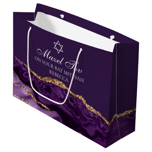 Bolsa De Regalo Grande Bat Mitzvah Mazel Tov Purple Gold personalizado (Angulo Anverso)