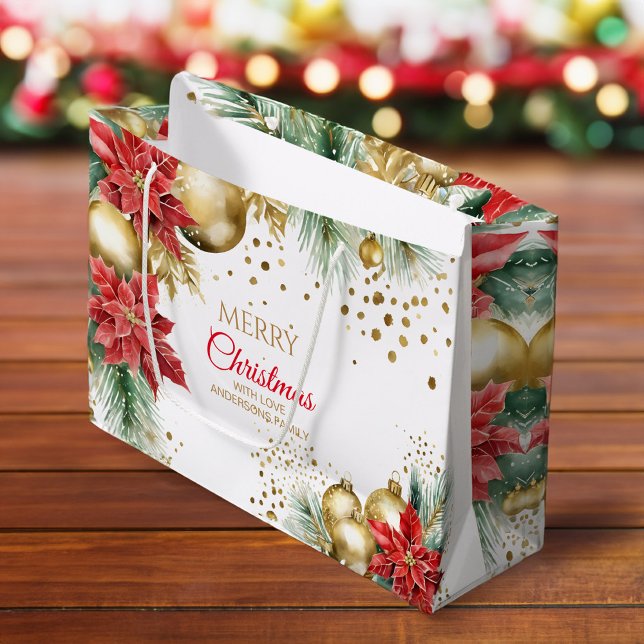 Bolsa De Regalo Grande Baudias doradas de poinsettia roja navideña (Merry Christmas watercolor red poinsettia gold baubles snowy pines template Large Gift Bag)