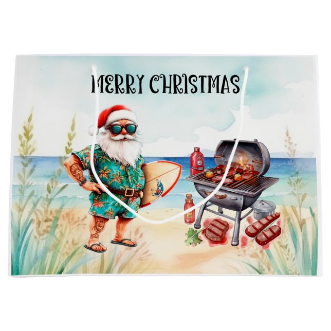 Bolsa De Regalo Grande Beach Christmas with Surfer Santa Barbecue  (Anverso)