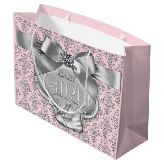 Bolsa De Regalo Grande Bebé niña de damasco rosa plateado (Angulo reverso)