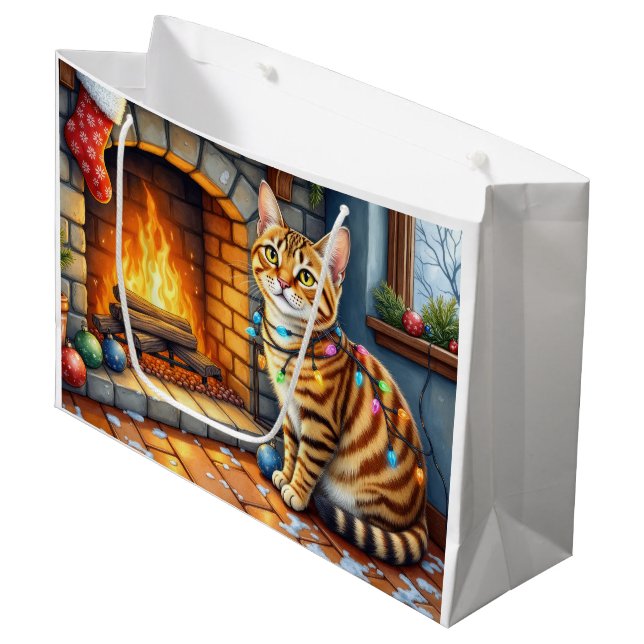 Bolsa De Regalo Grande Bengal Cat Fireplace with Christmas Lights (Angulo Anverso)