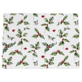 Bolsa De Regalo Grande Berries rojas acuarelas, Mistletoe y hojas holly