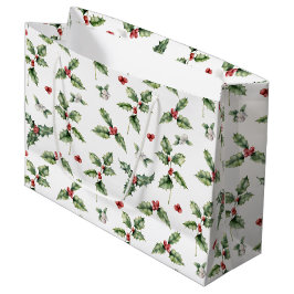 Bolsa De Regalo Grande Berries rojas acuarelas, Mistletoe y hojas holly