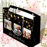Bolsa De Regalo Grande Best friends photo black gold stars glam birthday<br><div class="desc">A gift for your best friends birthday. Golden text: Best Friends Forever,  written with a trendy hand lettered style script. Personalize and use 3 of your own photos.  An elegant and modern black background. Decorated faux gold dripping stars.</div>