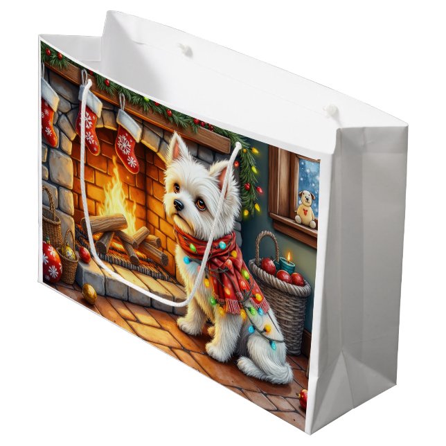Bolsa De Regalo Grande Bichon Frise Fireplace with Christmas Lights (Angulo Anverso)