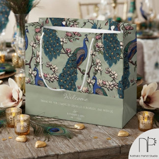 Bolsa De Regalo Grande Bienvenidos Pavos Reales Florales Verde Sage