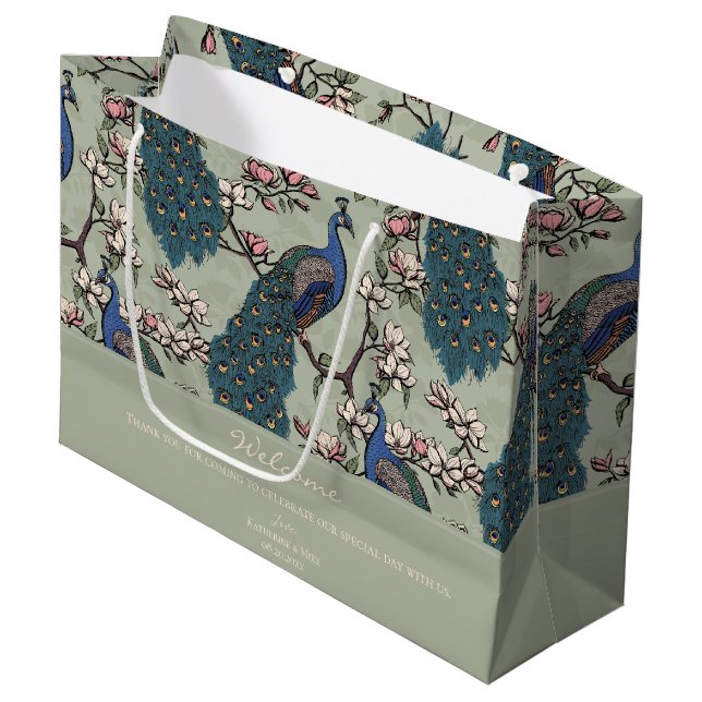 Bolsa De Regalo Grande Bienvenidos Sage Green Floral Peacocks (Angulo Anverso)