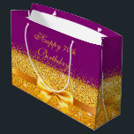 Bolsa De Regalo Grande Birthday purple gold elegant<br><div class="desc">Elegant,  classic,  glamorous and feminine style party gift bag.  A gold colored ribbon and bow with golden glitter and sparkle,  a bit of bling and luxury for a birthday.  Violet,  purple colored background. With the text: Happy 70th Birthday!</div>