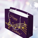Bolsa De Regalo Grande Birthday purple gold music notes<br><div class="desc">Girly and feminine dark purple background with faux gold music notes. With the text: Happy Birthday! Golden hand lettered style script.</div>