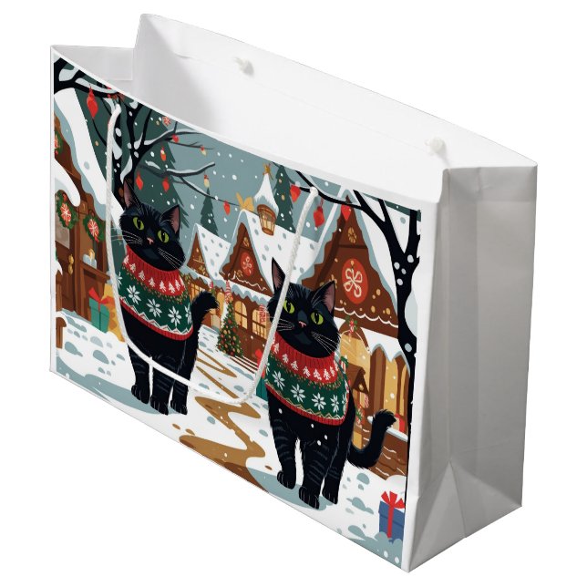 Bolsa De Regalo Grande Black Cat Christmas Snow Holiday (Angulo Anverso)