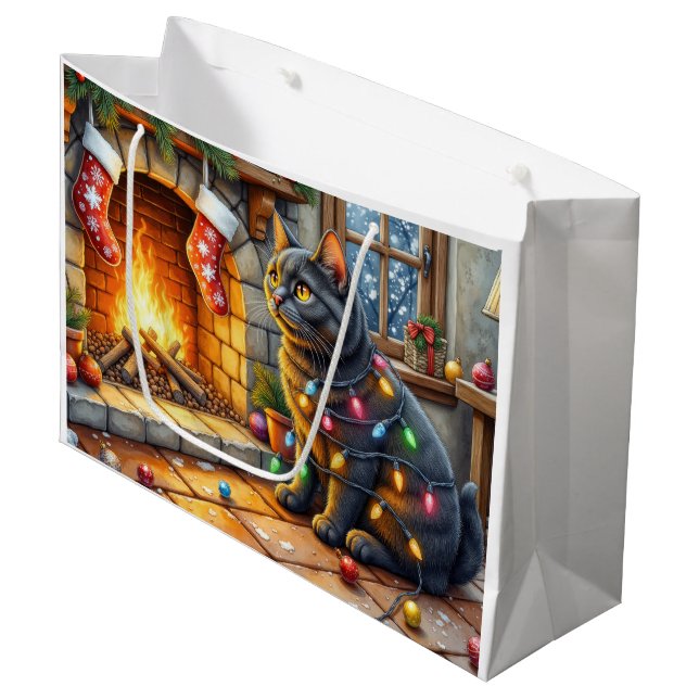 Bolsa De Regalo Grande Black Cat Sitting Fireplace with Christmas Lights (Angulo Anverso)