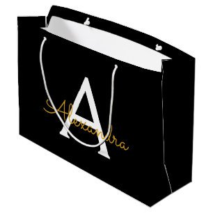 Bolsa De Regalo Grande Black Gold Modern Script Girly Monograma Nombre
