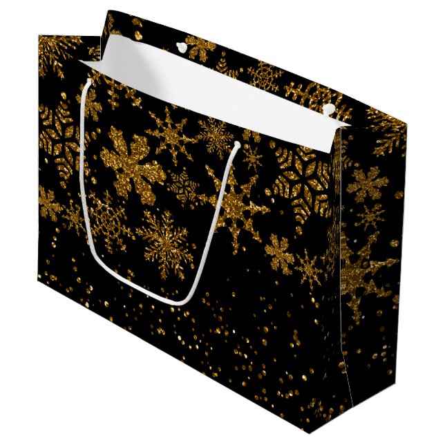 Bolsa De Regalo Grande Black & Gold Snowflakes Stars Feliz Navidad (Angulo Anverso)