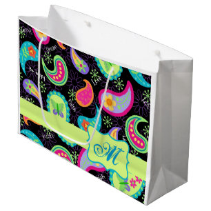 Bolsa De Regalo Grande Black Lime Green Monograma Personalizado Paisley