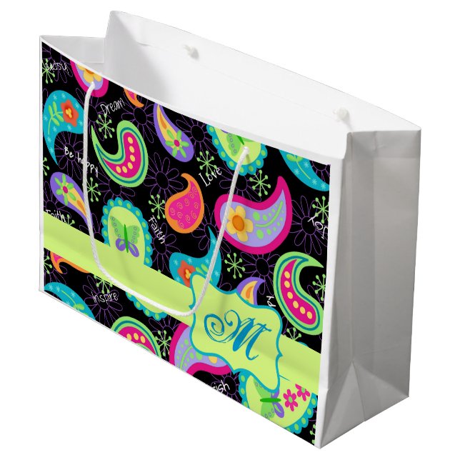 Bolsa De Regalo Grande Black Lime Green Monograma Personalizado Paisley (Angulo Anverso)