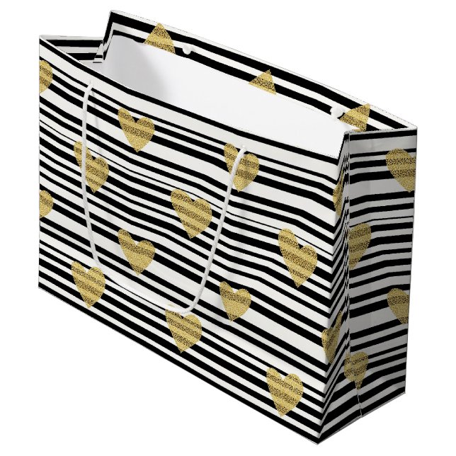 Bolsa De Regalo Grande Black Stripe Gold Heart Glam Pattern (8) (Angulo Anverso)