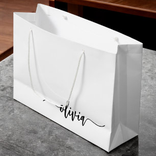 Bolsa De Regalo Grande Black White Modern Script Girly Monograma Nombre