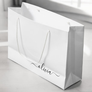 Bolsa De Regalo Grande Black White Modern Script Girly Monograma Nombre