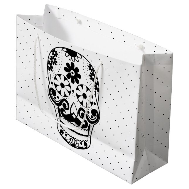 Bolsa De Regalo Grande Black & White Mustache Sugar Skull Puntos negros (Angulo Anverso)