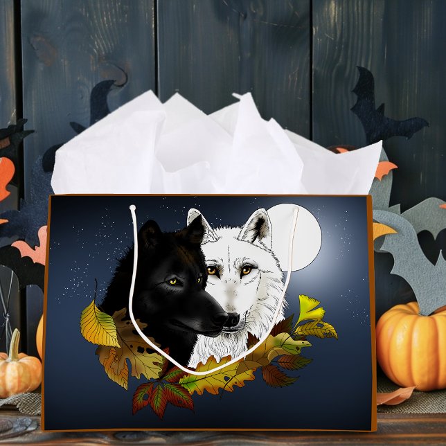 Bolsa De Regalo Grande Black White Wolves Moonlight Autumn Leaves (Subido por el creador)