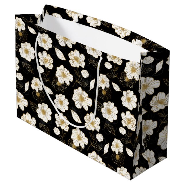 Bolsa De Regalo Grande Blanco y floral dorado negro (Angulo reverso)