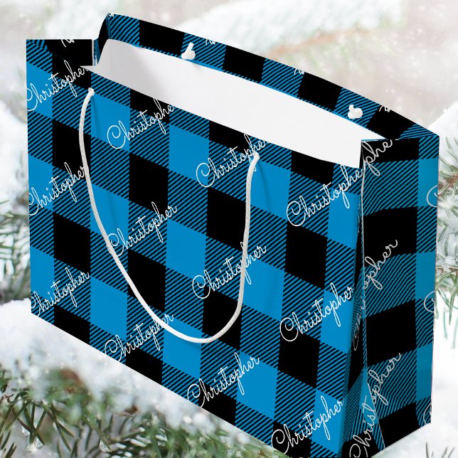 Bolsa De Regalo Grande Blue Buffalo Plaid Custom Name Rustic Navidades (Subido por el creador)