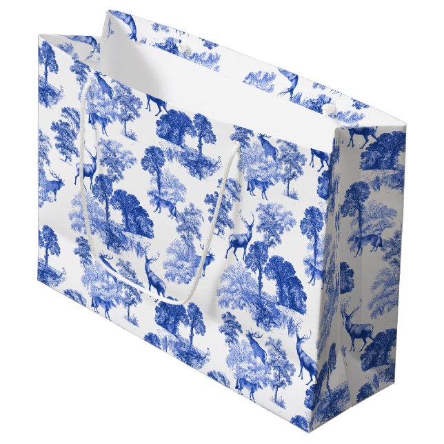 Bolsa De Regalo Grande Blue Classical French Country Toile Deer Forest (Angulo Anverso)