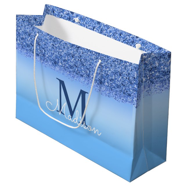 Bolsa De Regalo Grande Blue Faux Purpurina Monogram Elegant (Angulo Anverso)