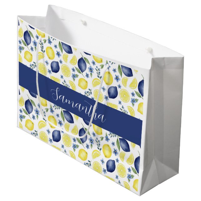Bolsa De Regalo Grande Blue French Country Lemon Pattern Monogram Name  (Angulo Anverso)